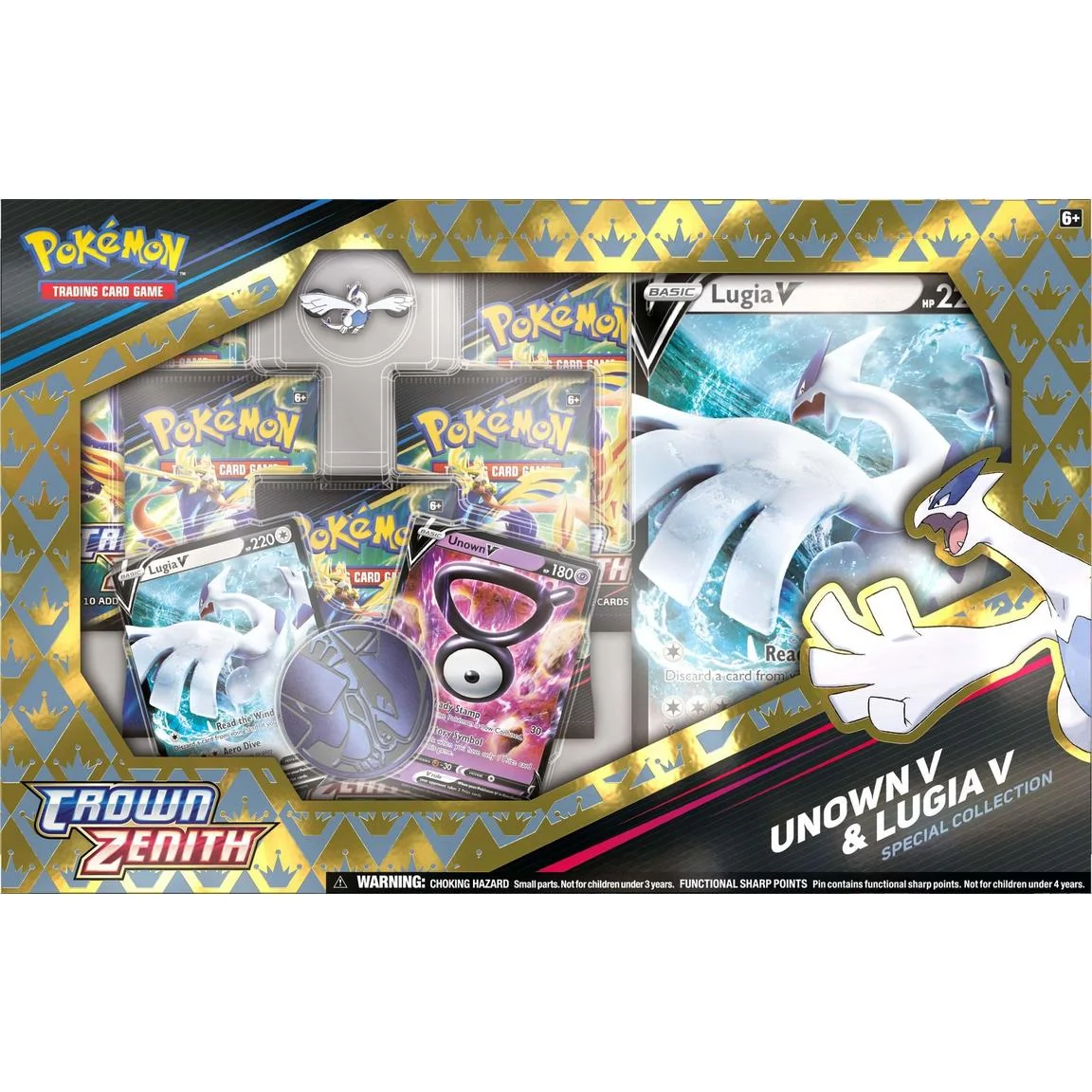 Pokemon Crown Zenith Unown V & Lugia V Special Collection (5 Booster Packs 2 Promo Cards Oversized Card Pin & More)