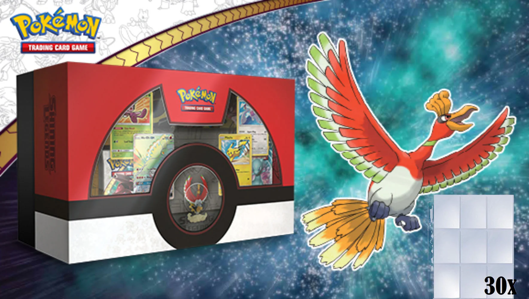 Pokemon TCG: Shining Legends Super Premium Ho-Oh Collection Box Plus Free Premium Walmart Bonus Gift of 30x9 Pocket Card Pages