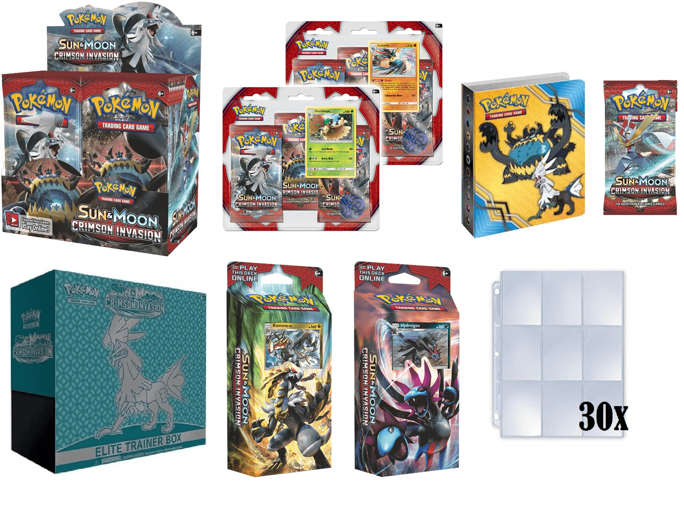 Pokemon TCG: Sun and Moon Crimson Invasion Ultimate Collectors Set Plus Bonus 30x9 Card Holder Pages (Booster Box, Elite Trainer, Both Theme Decks, Bo