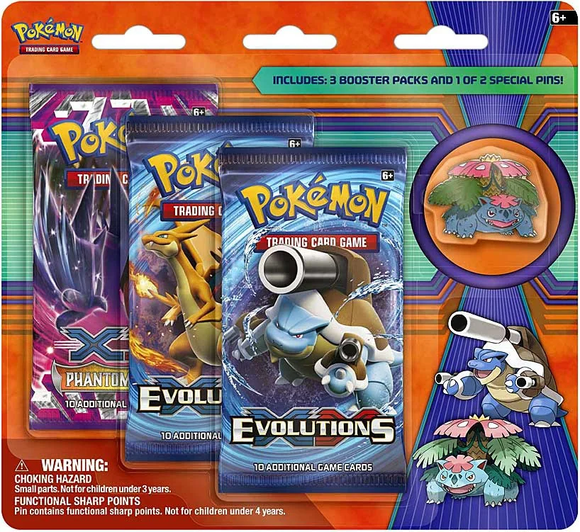 Pokemon TCG, Blister Pack Containing 3 Booster Packs and Featuring Mega Venusaur or Mega Blastoise Collector's Pin